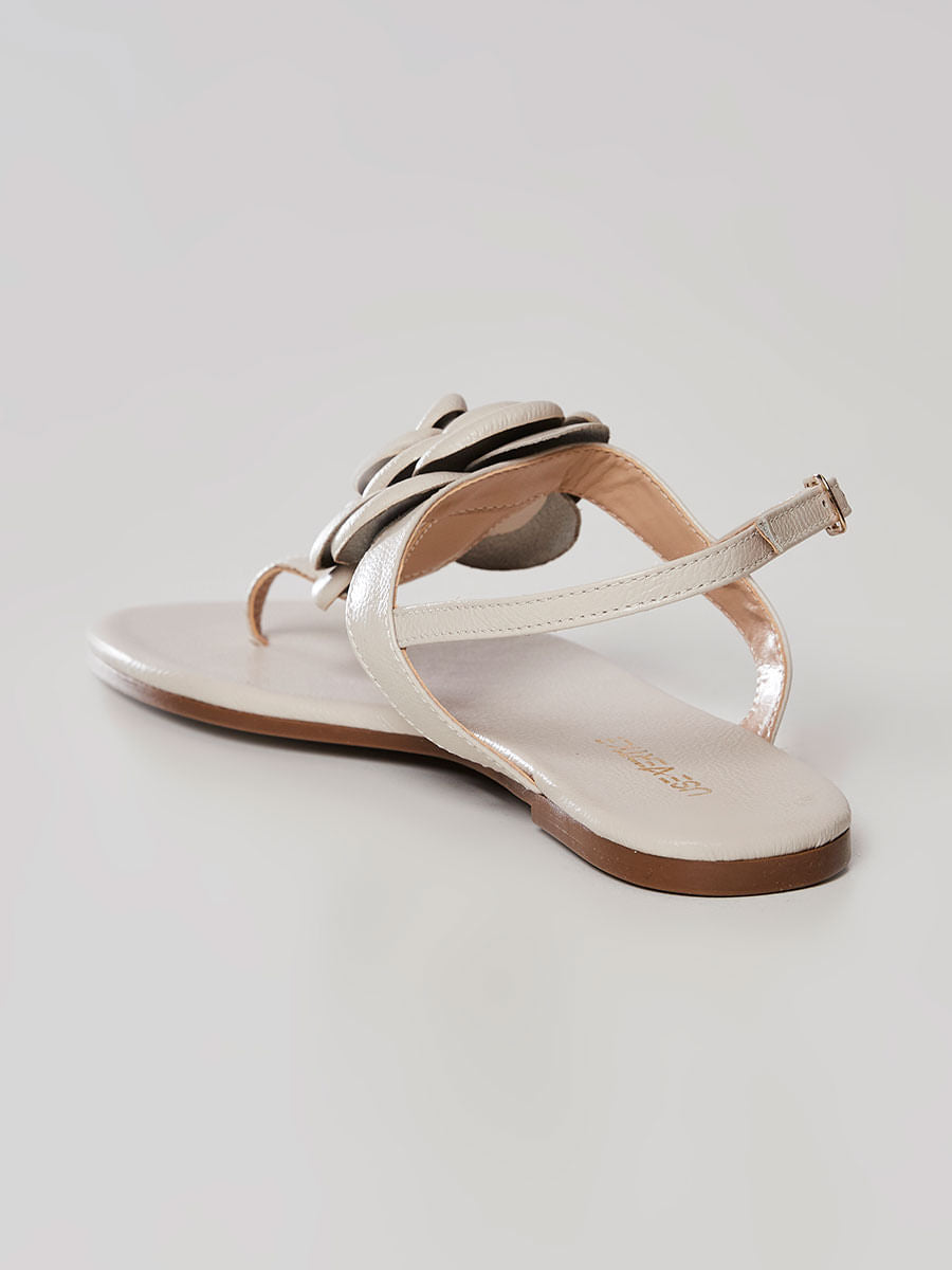Sandália Flat Couro Flor Offwhite