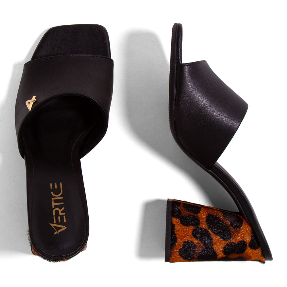 Sandália Mule Salto Bloco Preto C/ Animal Print