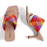 Sandália Mule Salto Fino Tramada  Amêndoa/Orange