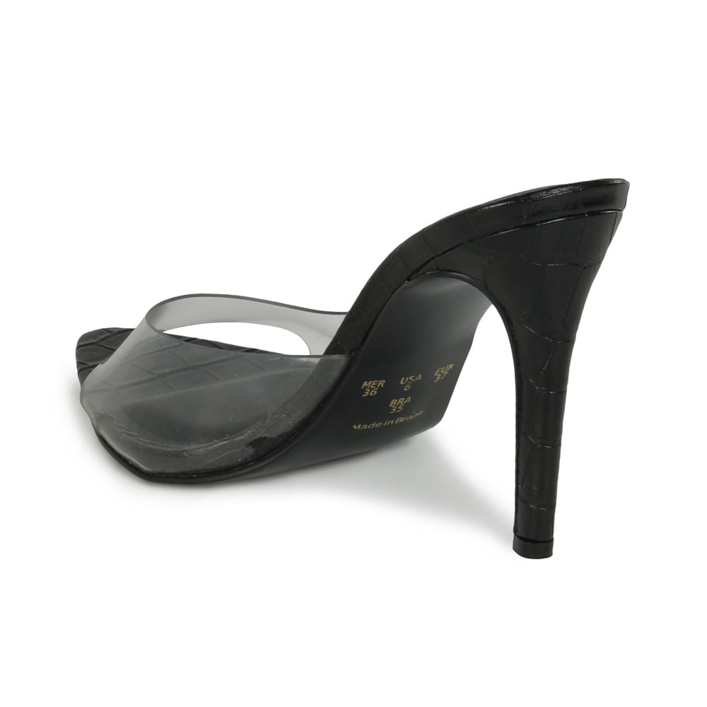 Mule Feminino  Bico Folha Salto Alto Vinil  Preto