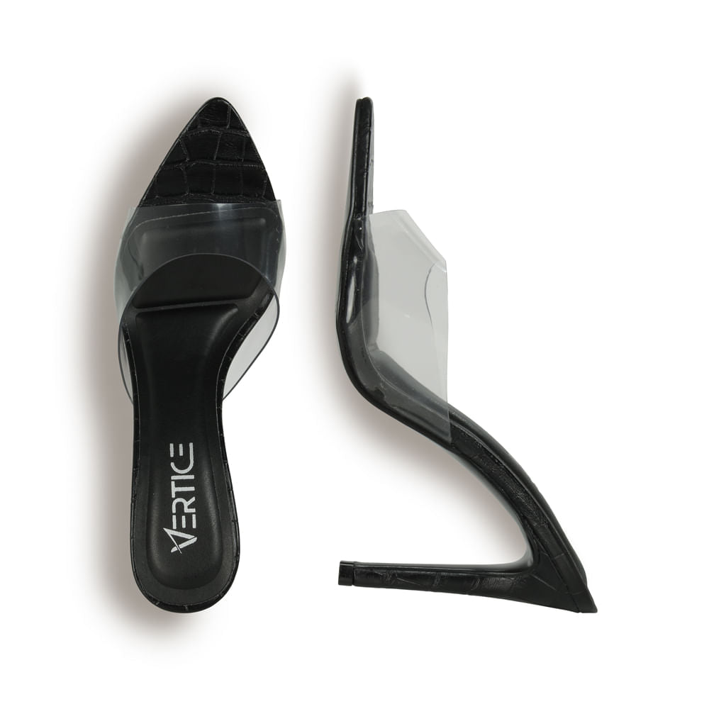 Mule Feminino  Bico Folha Salto Alto Vinil  Preto