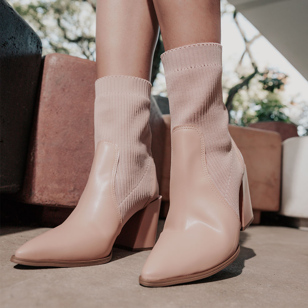 Bota Meia Salto Bloco Bico Fino Rose
