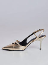 Scarpin Slingback Bico Fino e Salto Alto Dourado