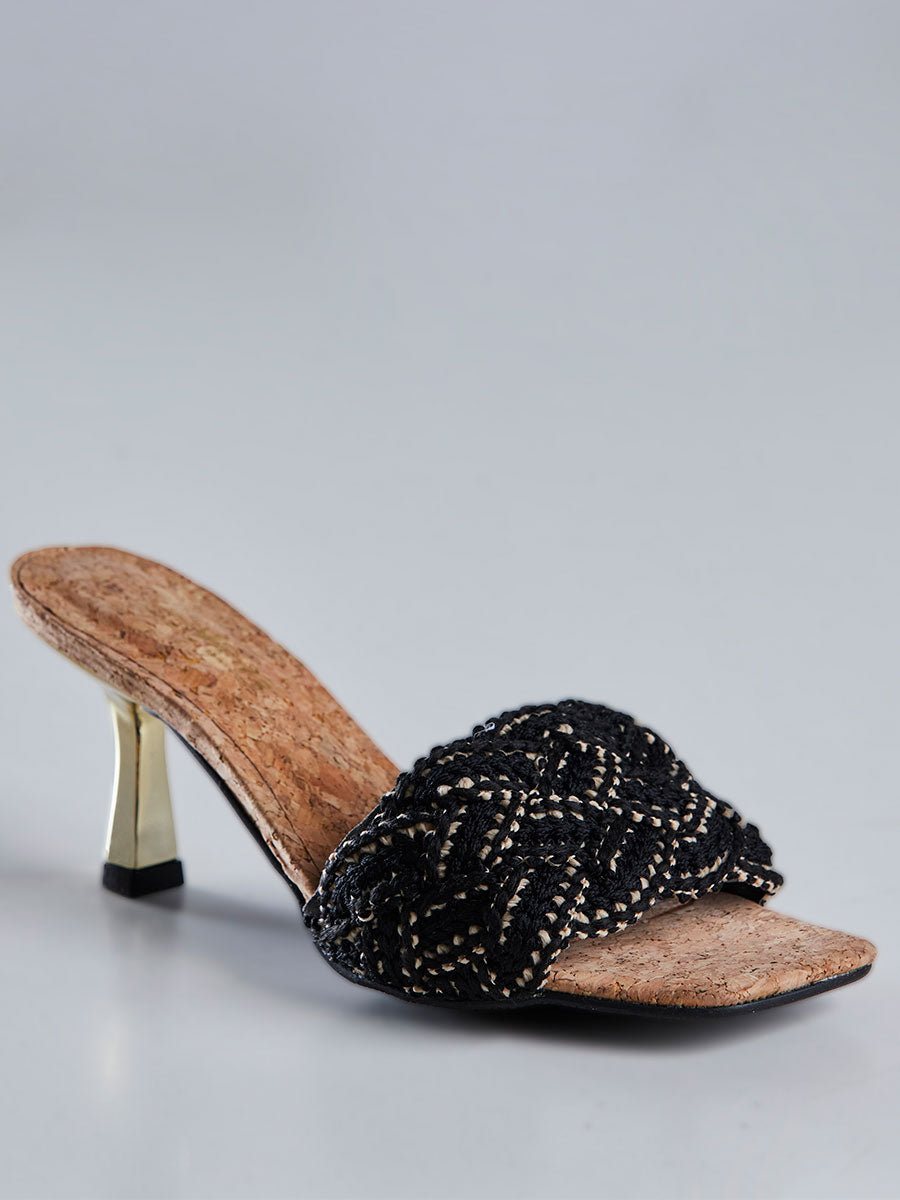 Tamanco Mule Trama Croche Salto Preto
