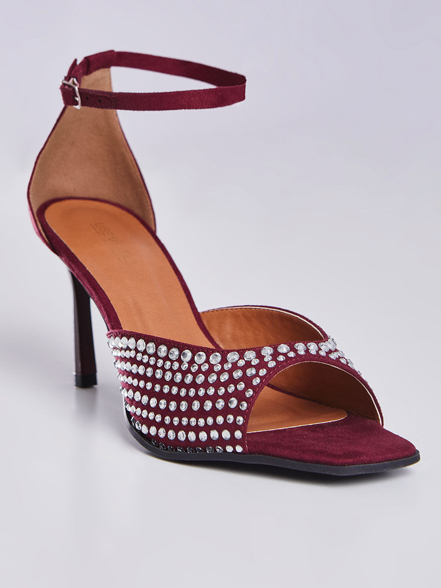 Sandalia Salto Fino com Strass Vinho