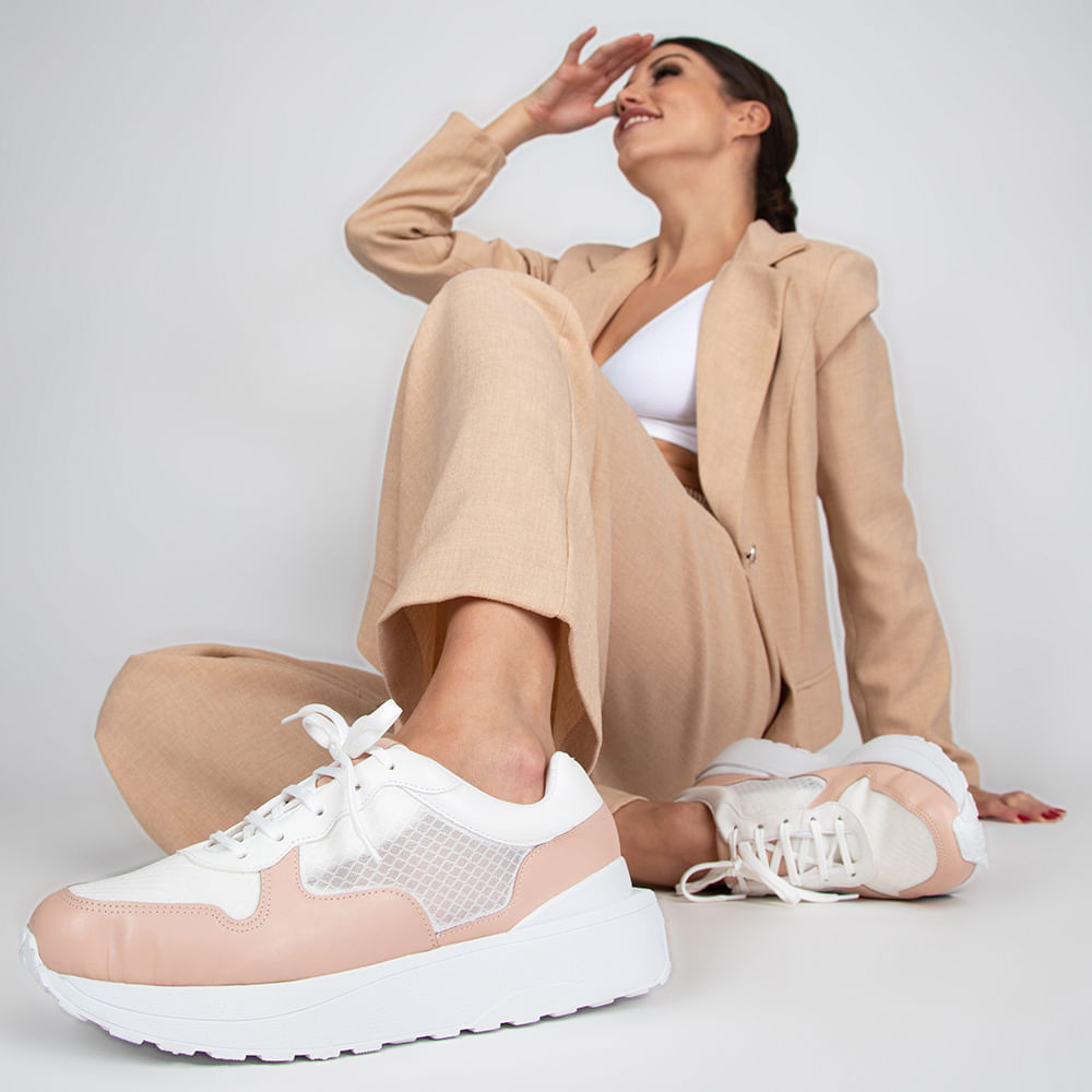 Tênis Flatform Jogging com Tela Rose