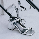 Sandalia Salto Alto Bloco Spike Prata