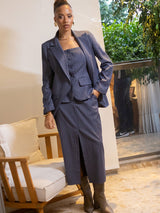 Blazer Alfaiataria Risca de Giz fio Lurex Azul