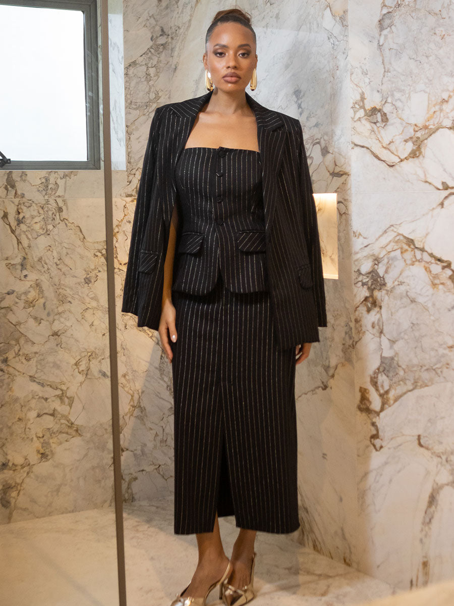 Blazer Alfaiataria Risca de Giz fio Lurex Preto