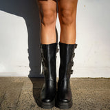 Bota Coturno Couro Cano Alto 4 Fivelas Preto