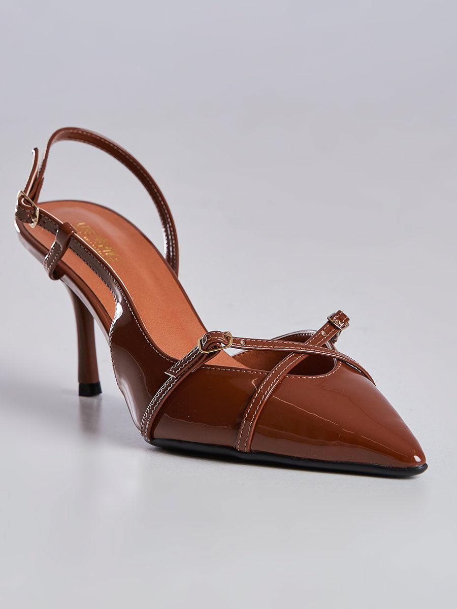 Scarpin Slingback Bico Fino e Salto Alto Marrom