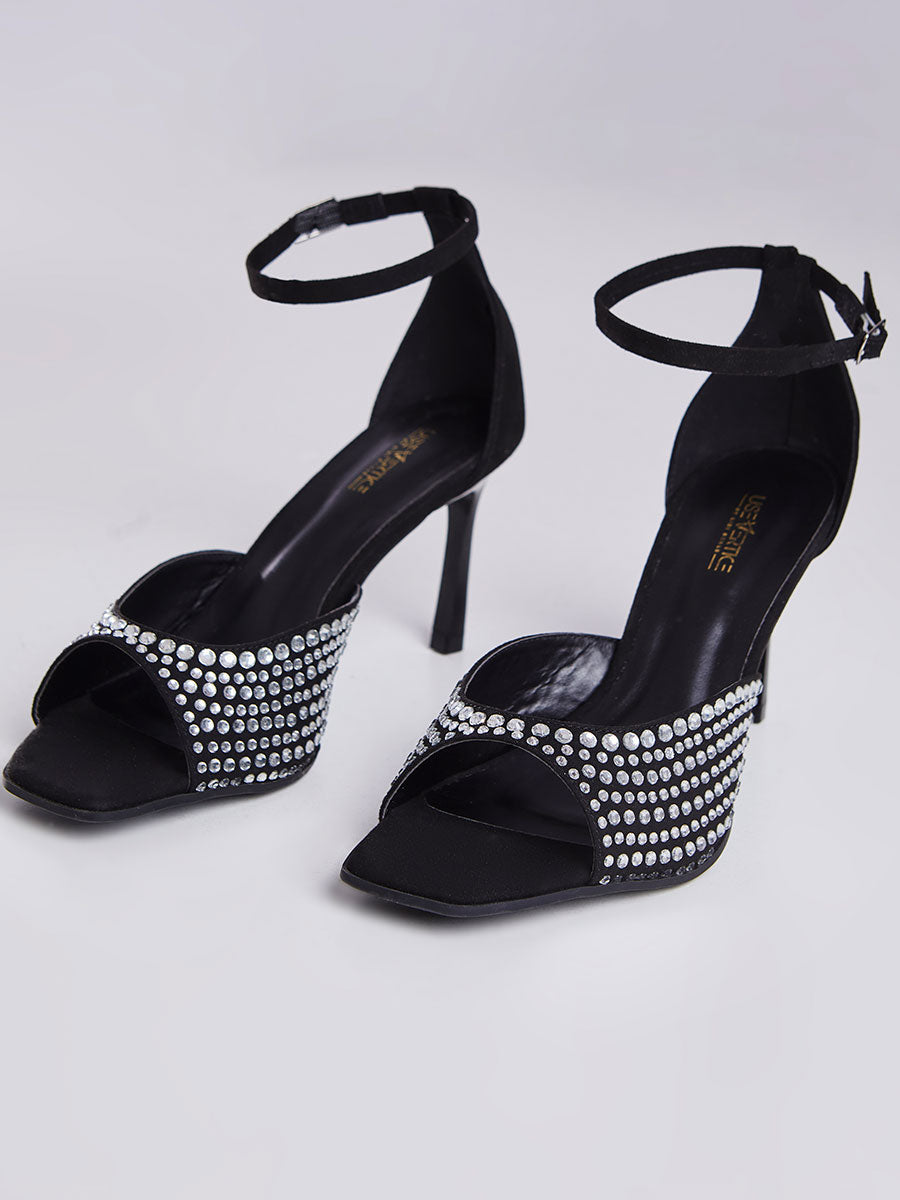Sandalia Salto Fino com Strass Preto