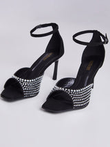 Sandalia Salto Fino com Strass Preto