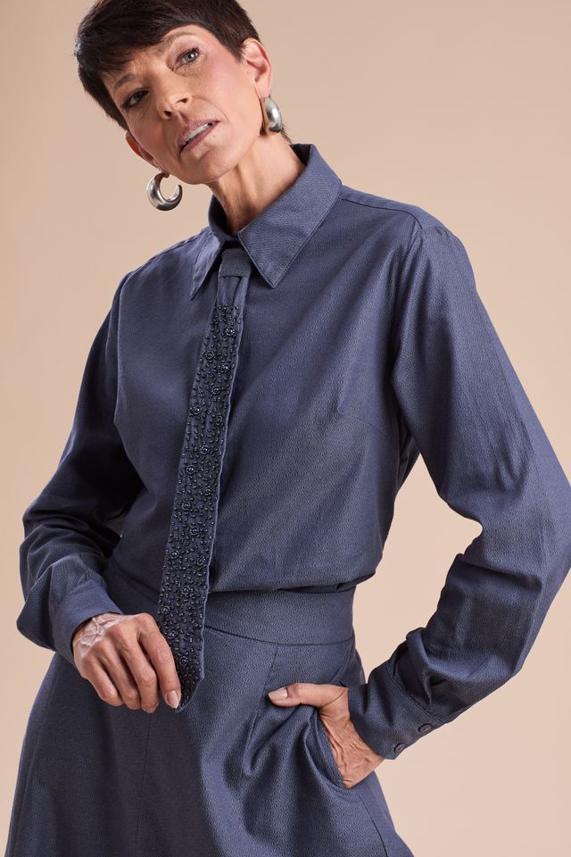 Camisa Alfaiataria micro estampa azul