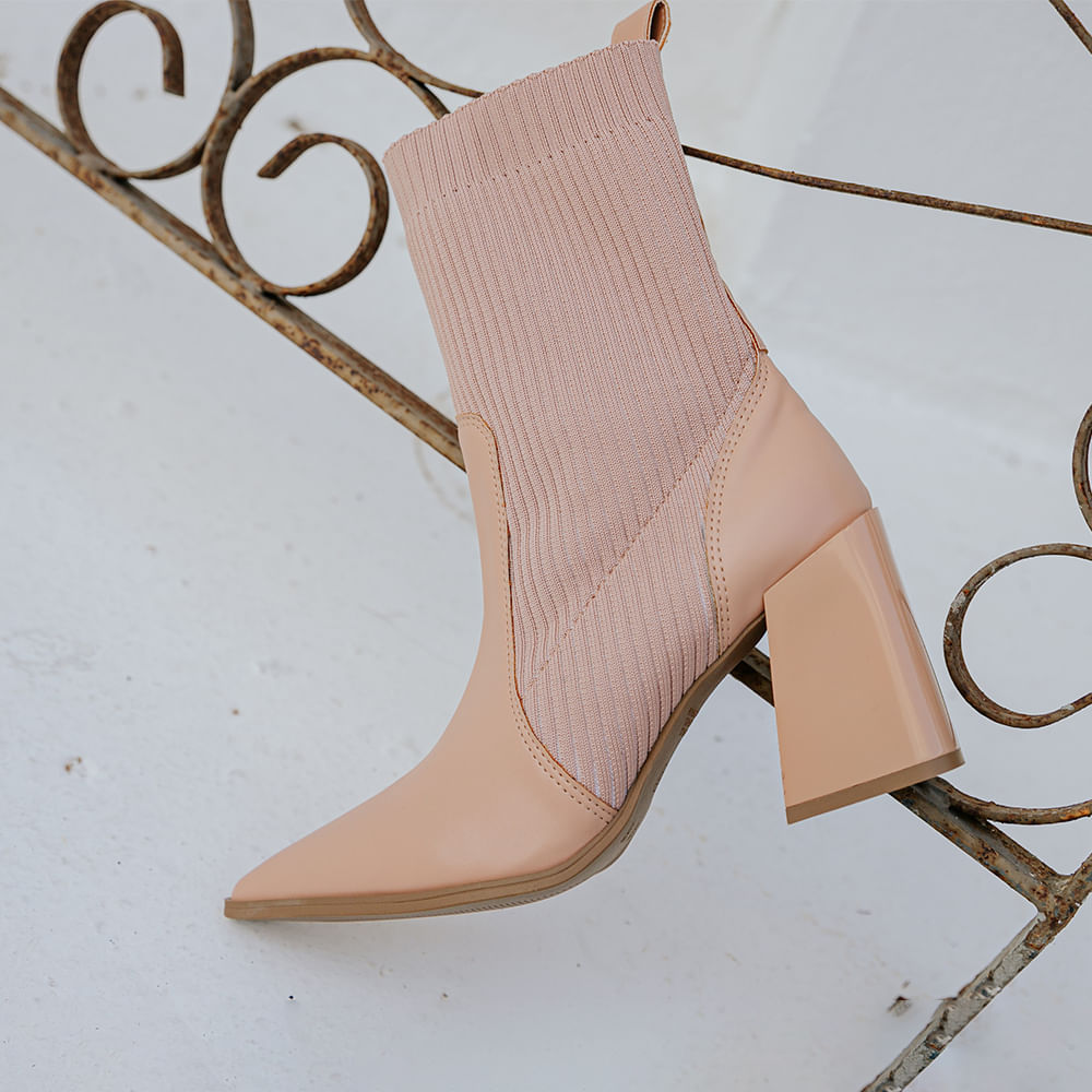 Bota Meia Salto Bloco Bico Fino Rose