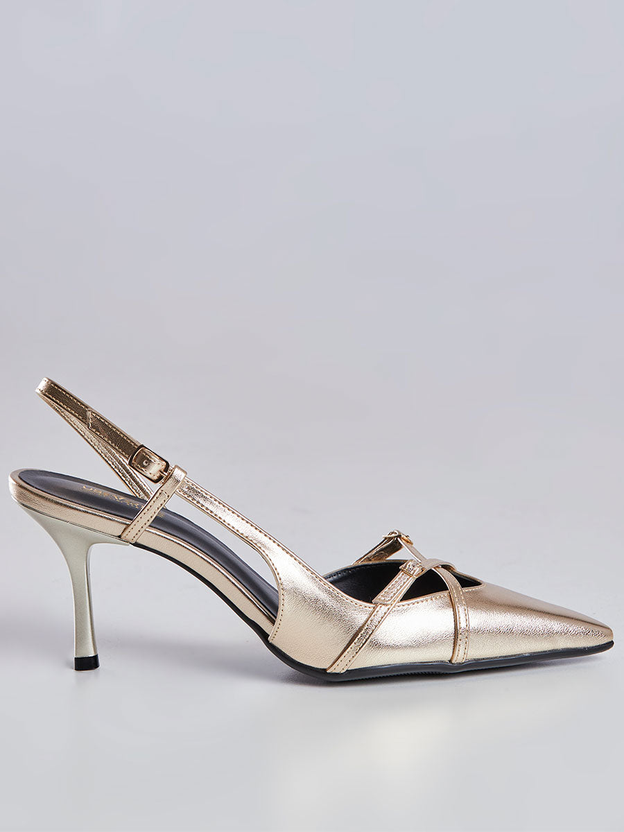Scarpin Slingback Bico Fino e Salto Alto Dourado