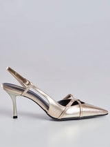 Scarpin Slingback Bico Fino e Salto Alto Dourado