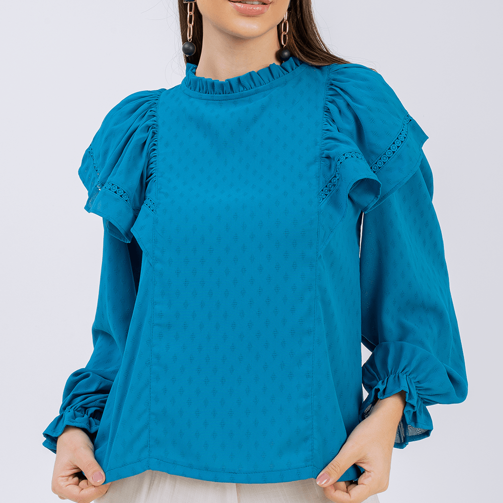 Blusa Babado Manga  Azul
