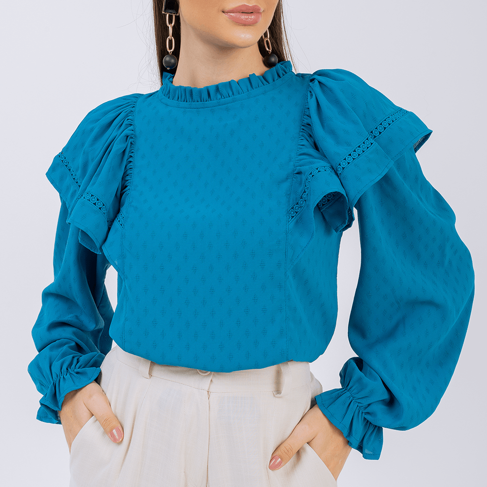 Blusa Babado Manga  Azul