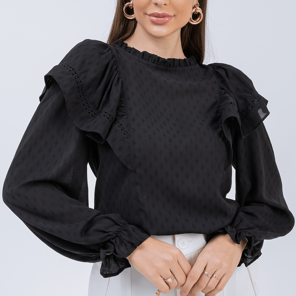 Blusa Babado Manga  Preto