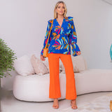 Blusa Manga Longa Estampada Azul