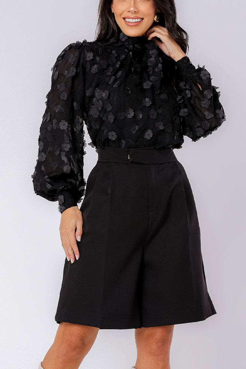 Blusa Chiffon Flor 3D Manga Longa Preto