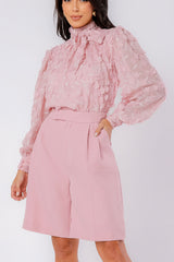 Blusa Chiffon Flor 3D Manga Longa Rosa