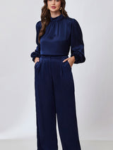 Blusa Manga Longa Cetim Azul Marinho