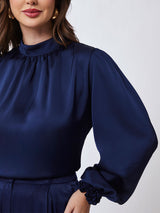Blusa Manga Longa Cetim Azul Marinho