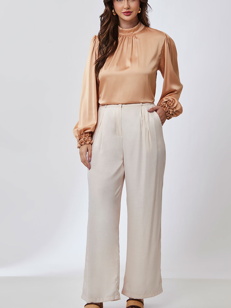 Blusa Manga Longa Cetim Camel
