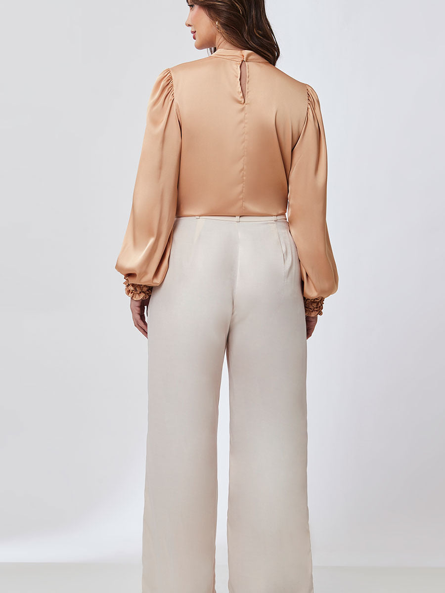 Blusa Manga Longa Cetim Camel