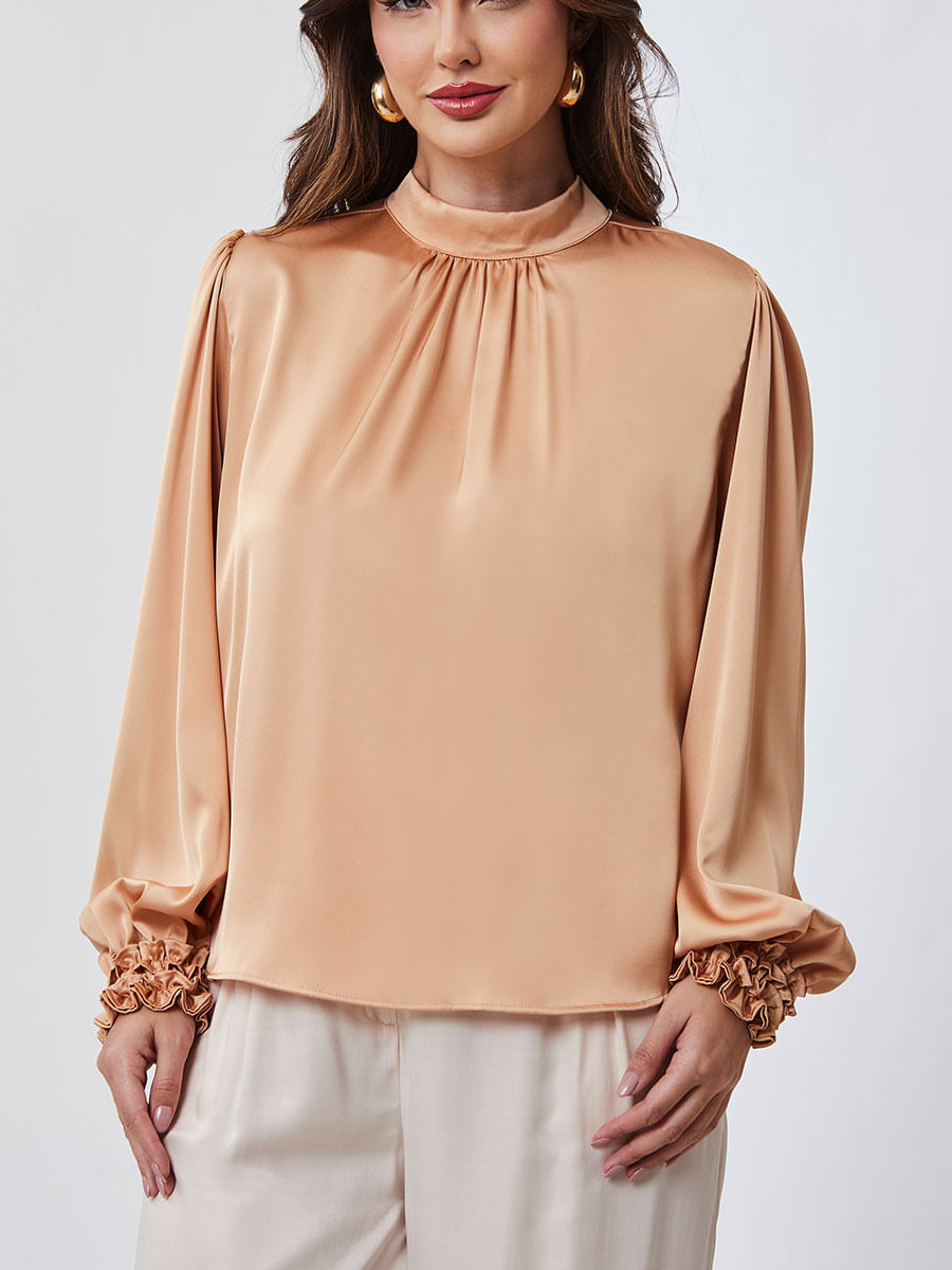Blusa Manga Longa Cetim Camel