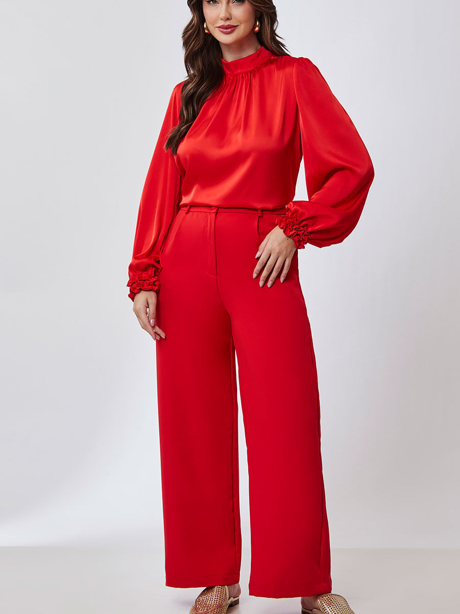 Blusa Manga Longa Cetim Vermelho