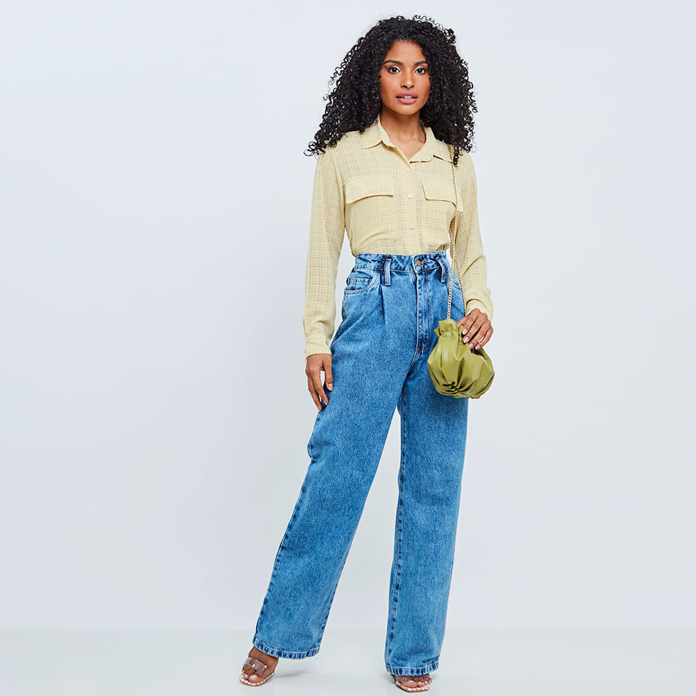 Calça  Jeans Pantalona Feminina Ampla Cintura Alta