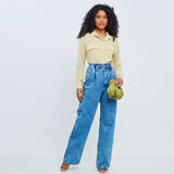 Calça  Jeans Pantalona Feminina Ampla Cintura Alta