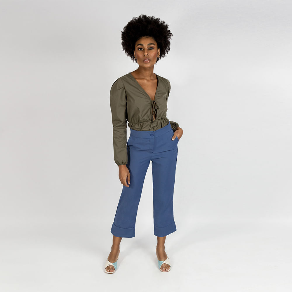 Calça Acetinada Cintura Alta Azul