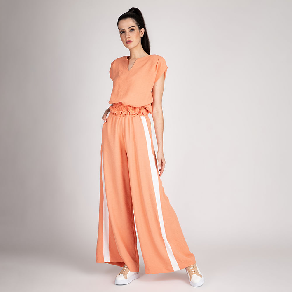 Calça Pantalona com Listra Lateral Coral