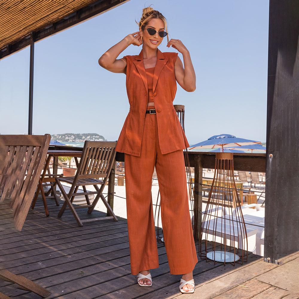 Calça Pantalona Linho Caramelo