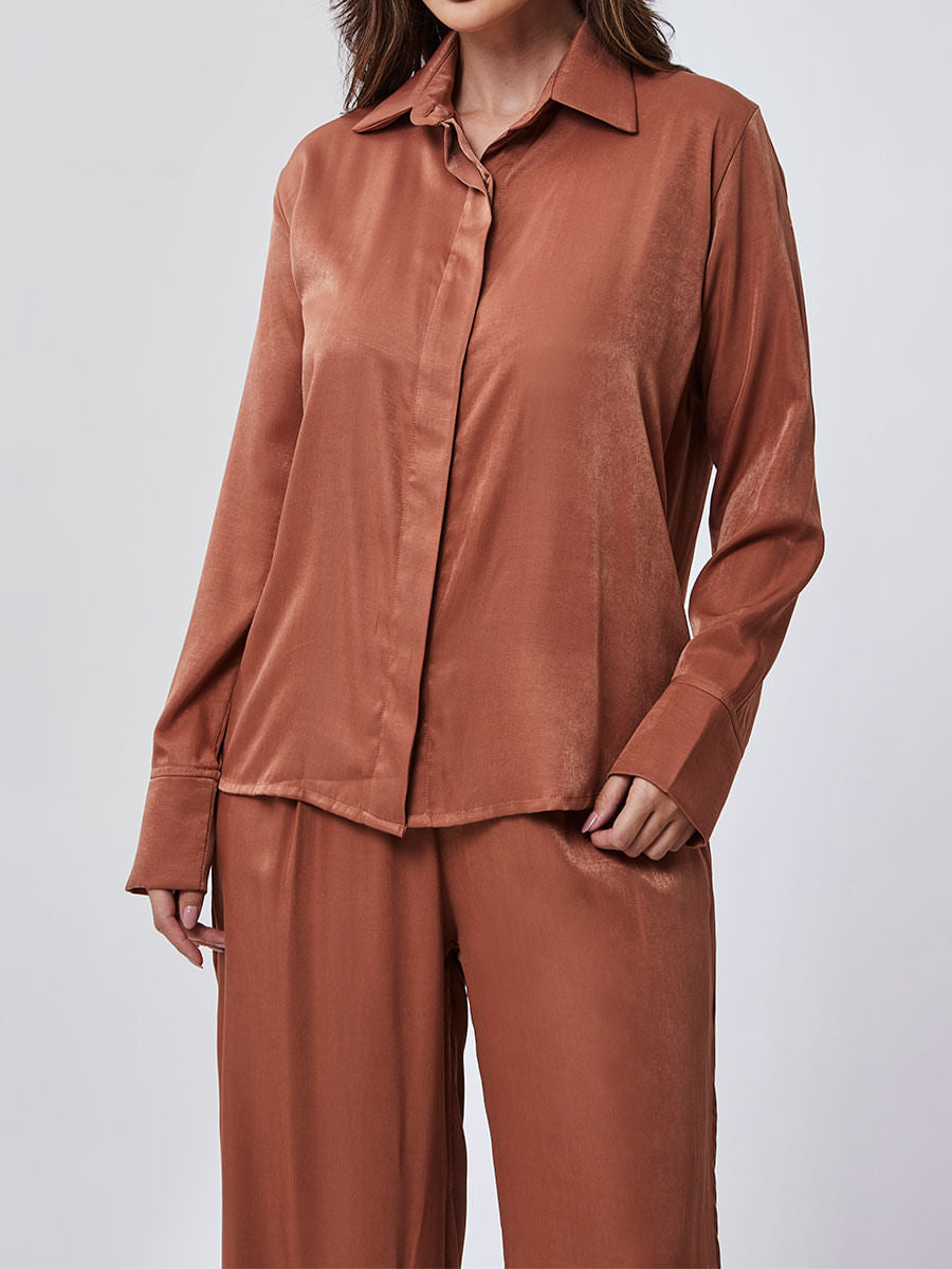 Calça Pantalona Acetinada Camel