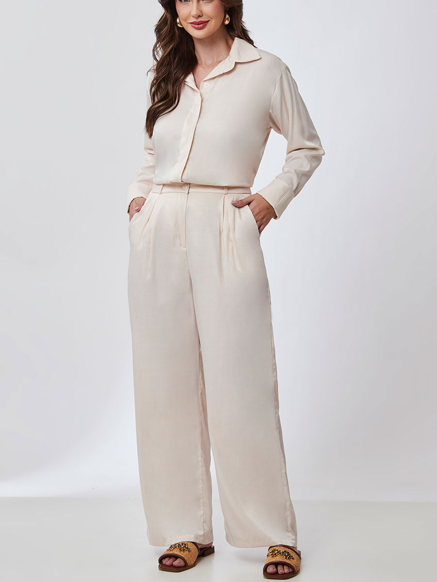 Calça Pantalona Acetinada Perola
