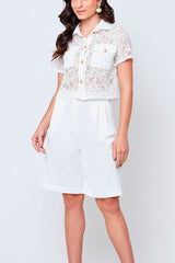 Camisa Renda Manga Curta Botões Metal Offwhite