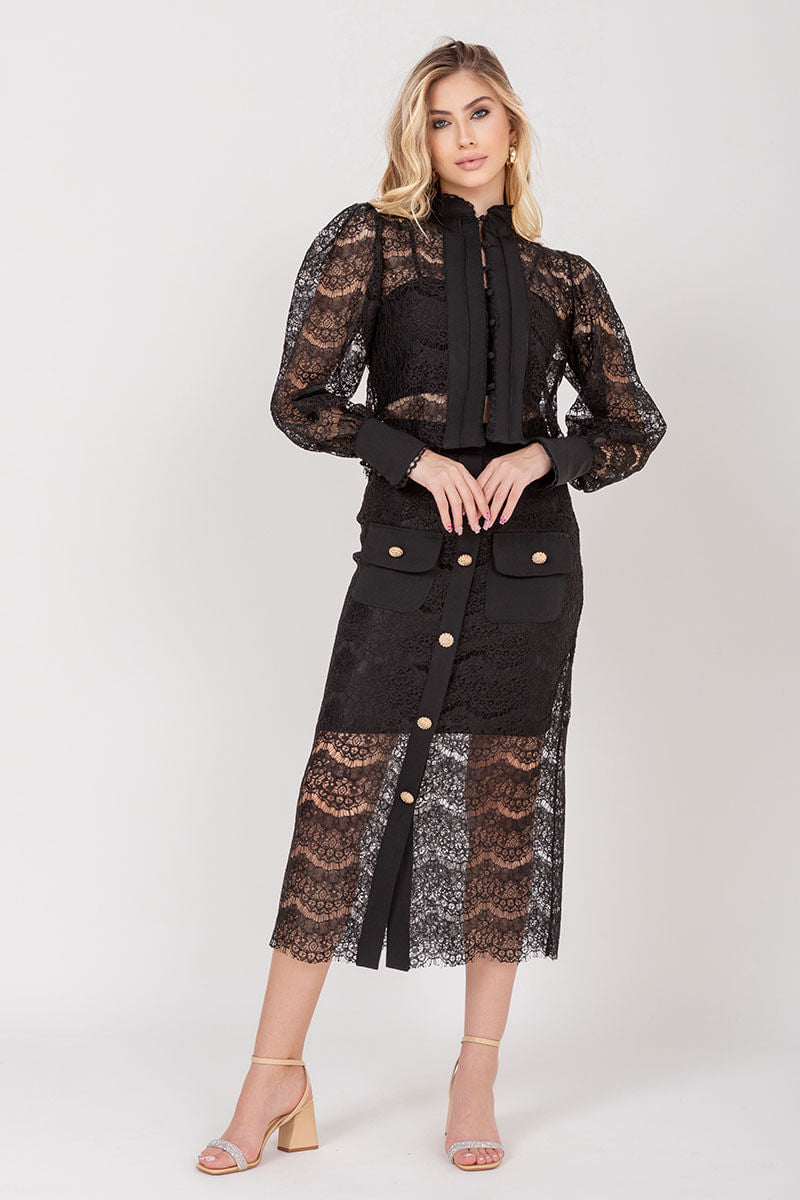 Camisa Renda Manga Longa Preto