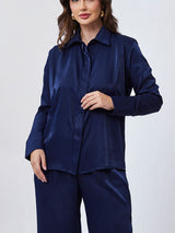 Camisa Acetinada Alongada Azul Marinho