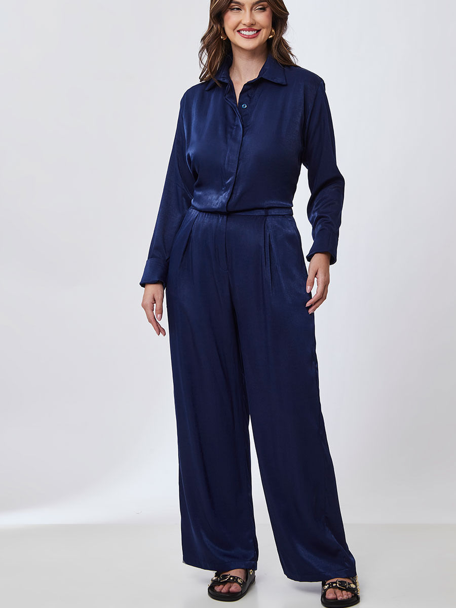 Camisa Acetinada Alongada Azul Marinho