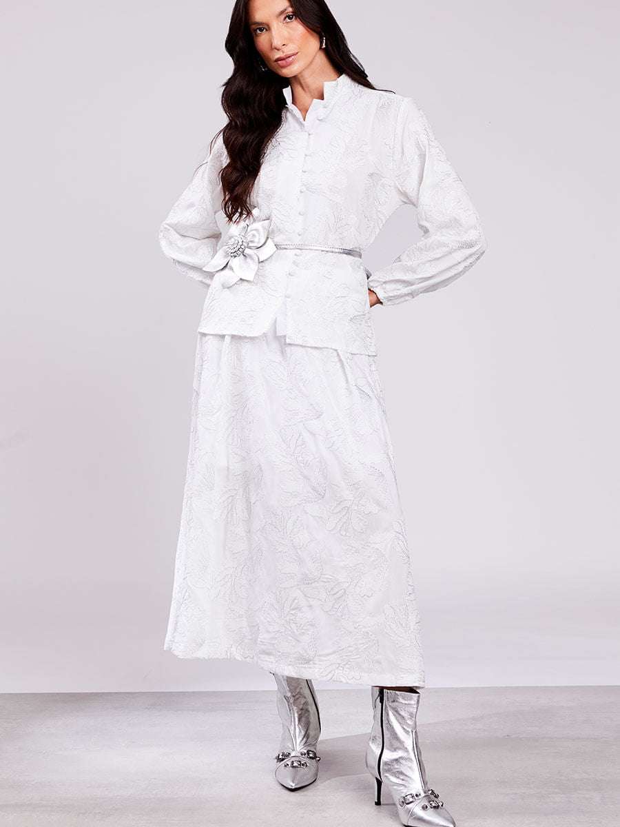 Camisa Bordada  Alto Relevo Fio Metálico Offwhite