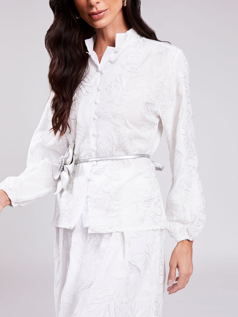 Camisa Bordada  Alto Relevo Fio Metálico Offwhite