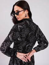 Camisa Bordada  Alto Relevo Fio Metálico Preto