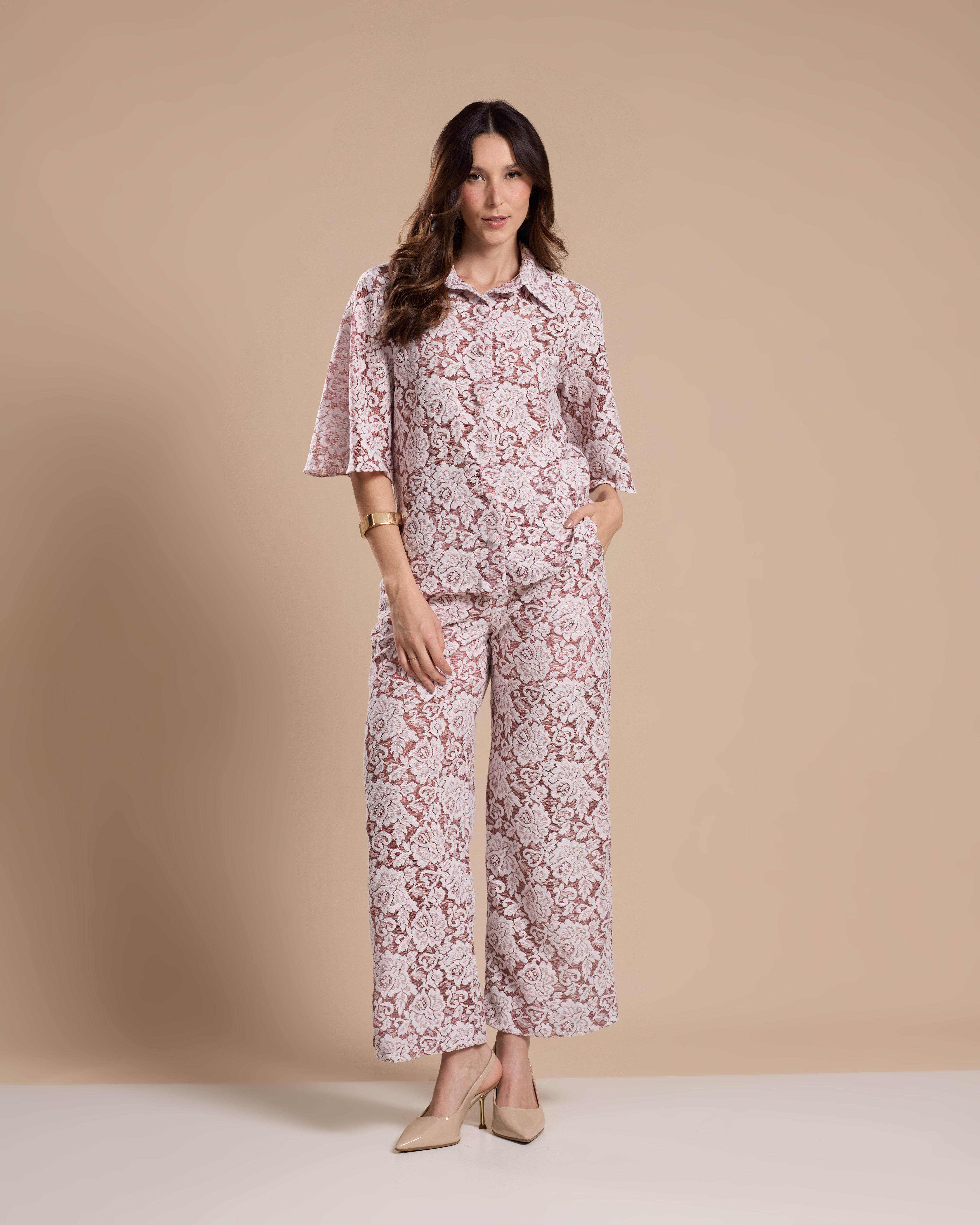 Calça Renda Pantalona Rosa