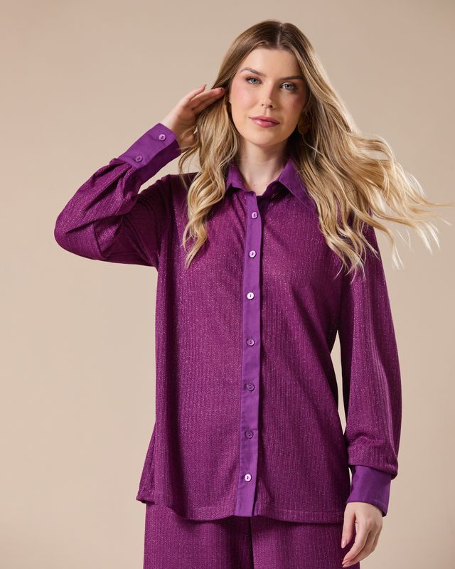 Conjunto Alfaiataria Camisa e Calça Pantalona Roxo