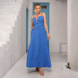 Saia Midi Alongada Linho Azul